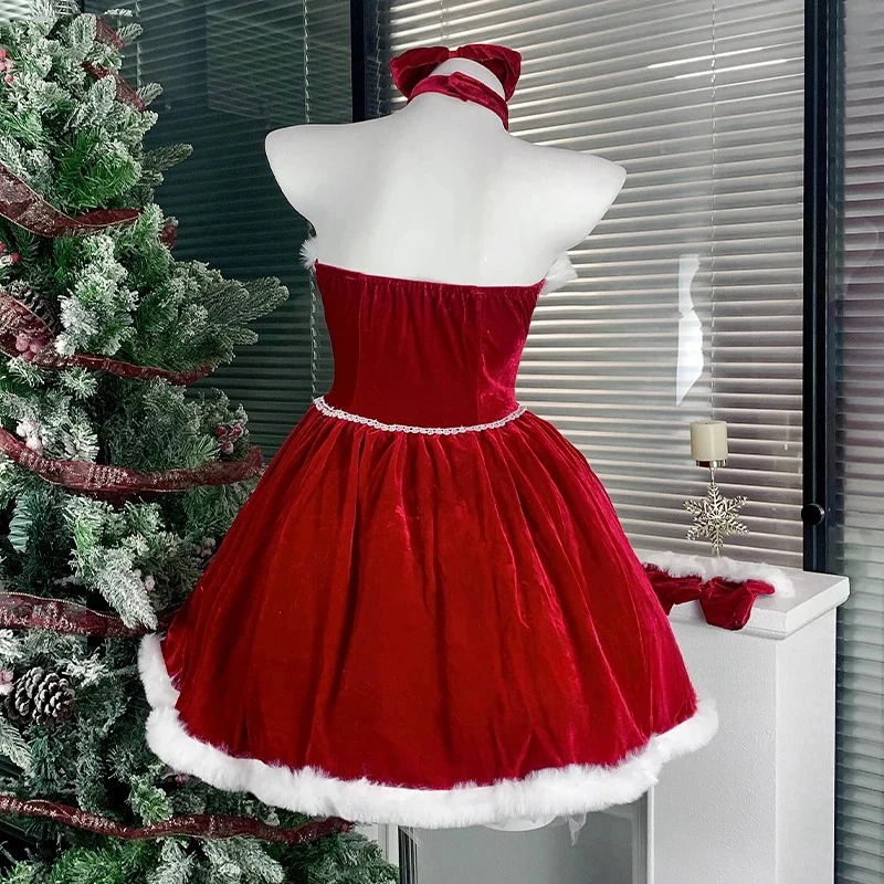 Red Green Autumn Winter Sexy Christmas Velvet Dress Women Sweet Plush Patchwork Drawstring Party Mini Dress Elegant Vestidos