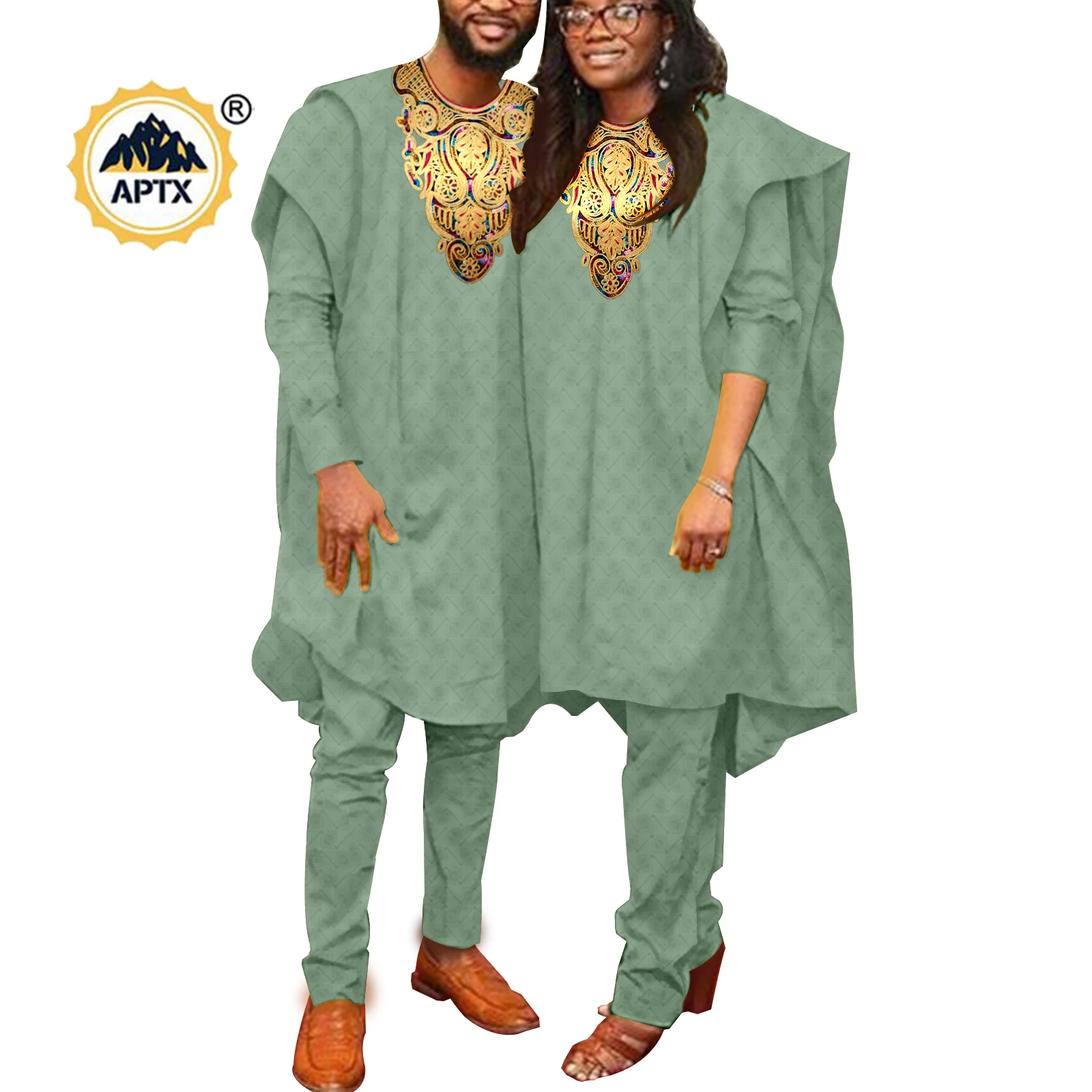 African Couples Clothes Bazin Riche Kaftan Women and Men 3 Pieces Set Vest + Shirts + Pants Ankara Gown Couple Outfit Y22C063