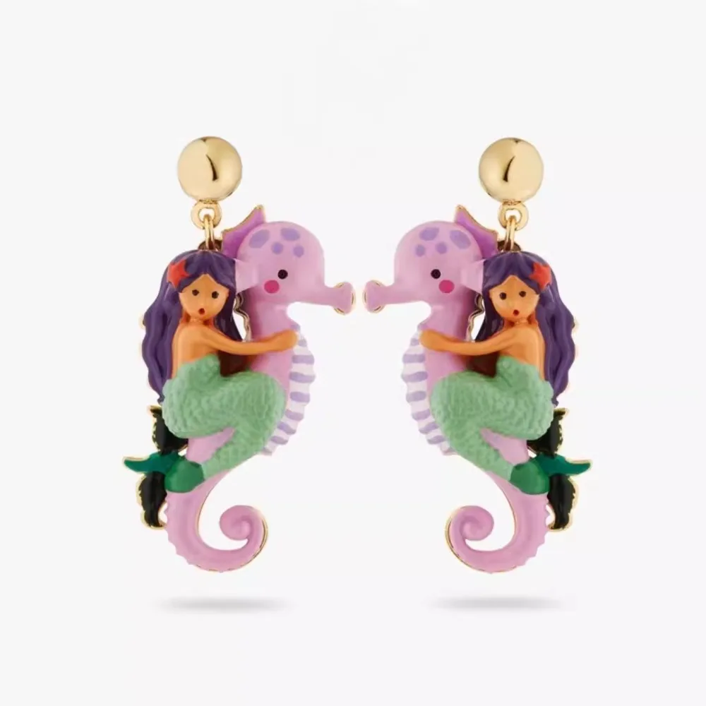 

Hand drawn enamel powder earrings, seahorse earrings clip
