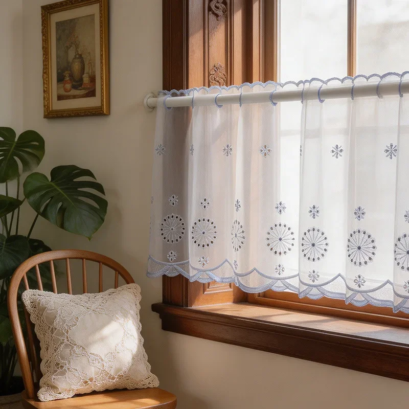 American Lace Sunflower Embroidery Cafe Curtain Sheer Short Curtain Kitchen Door Half Window Bay Window Rod Pocket Home Decor