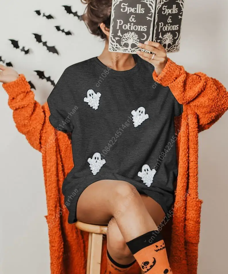 Women Halloween Sweatshirt Oversized Sequin Ghost Shirts Spooky Season Halloween Sweater Crewneck Fall Pullover Tops