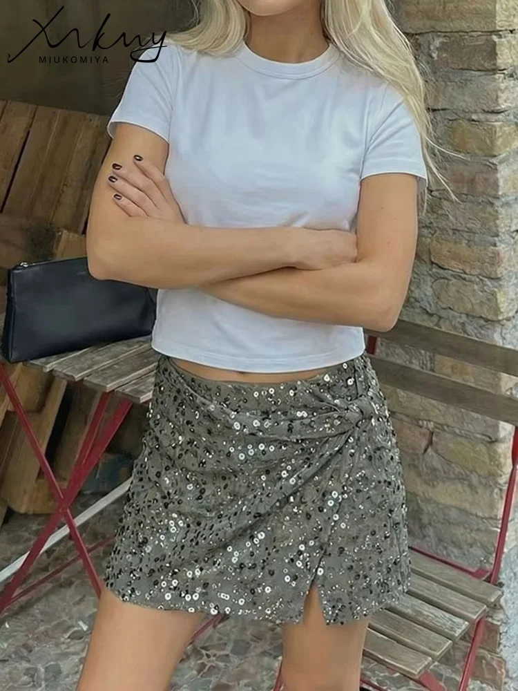 Women's Summer Sequin Mini Skirt Red With Shorts Solid Slim Splicing Shiny Short Skirt For Women High Waist Lady Skirts Silver