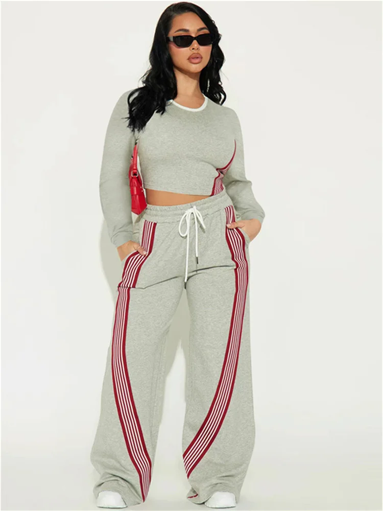

Weird Puss Contrast Stripe Design 2 Piece Set Women o-Neck Full Sleeve Crop Tops+Drawstring Long Pants Casual Sporty Style Suits