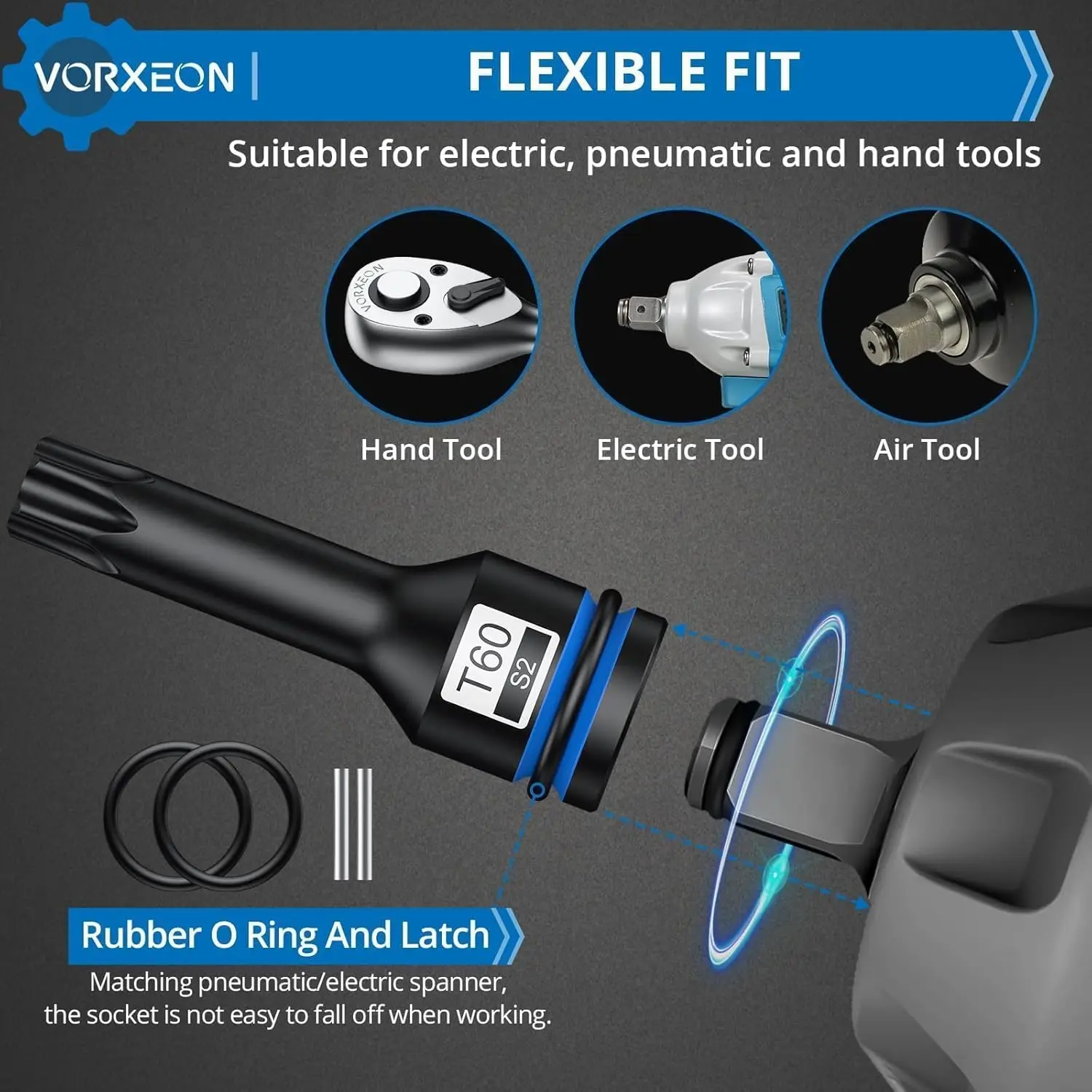 VORXEON Juego de llaves de tubo Torx de 8 piezas de 1/2 pulgadas T30 T40 T45 T50 T55 T60 T70 T80 S2 con caja de almacenamiento