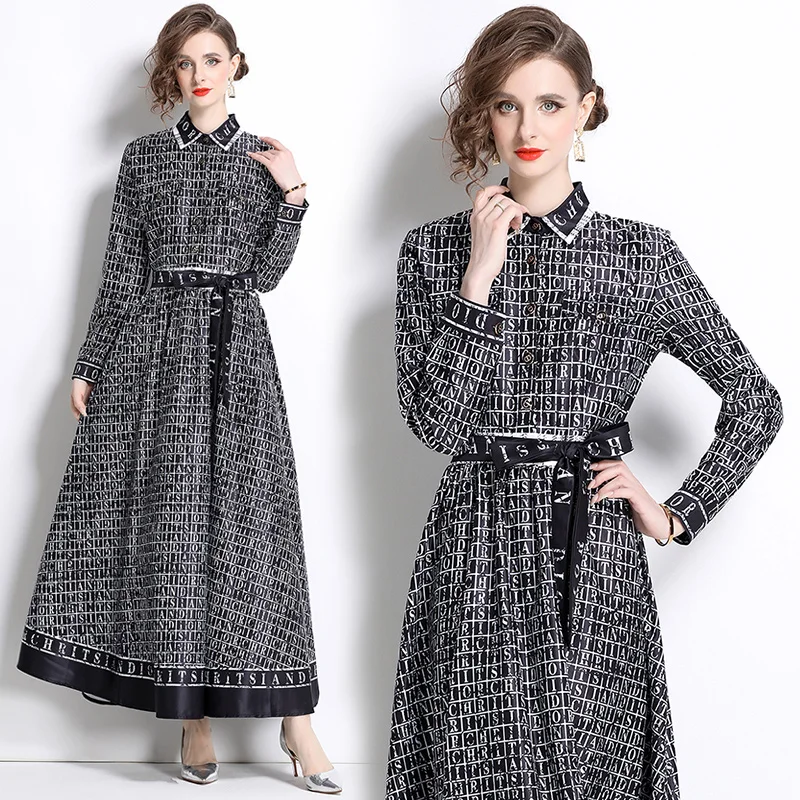

2025 Spring New European and American Letter Printed Long Sleeve Dress with Waist Strap for Slimming and Knee length Skirt