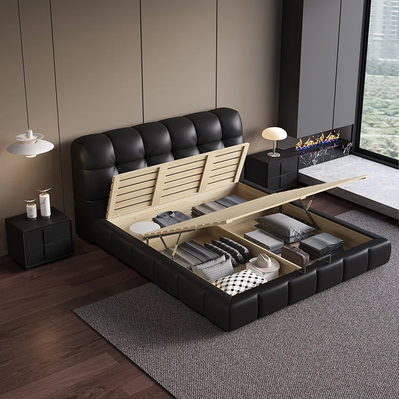 Leren bed, Italiaans, zacht, zwart, soezen, hoofdslaapkamer, tweepersoonsbed, modern, high-end