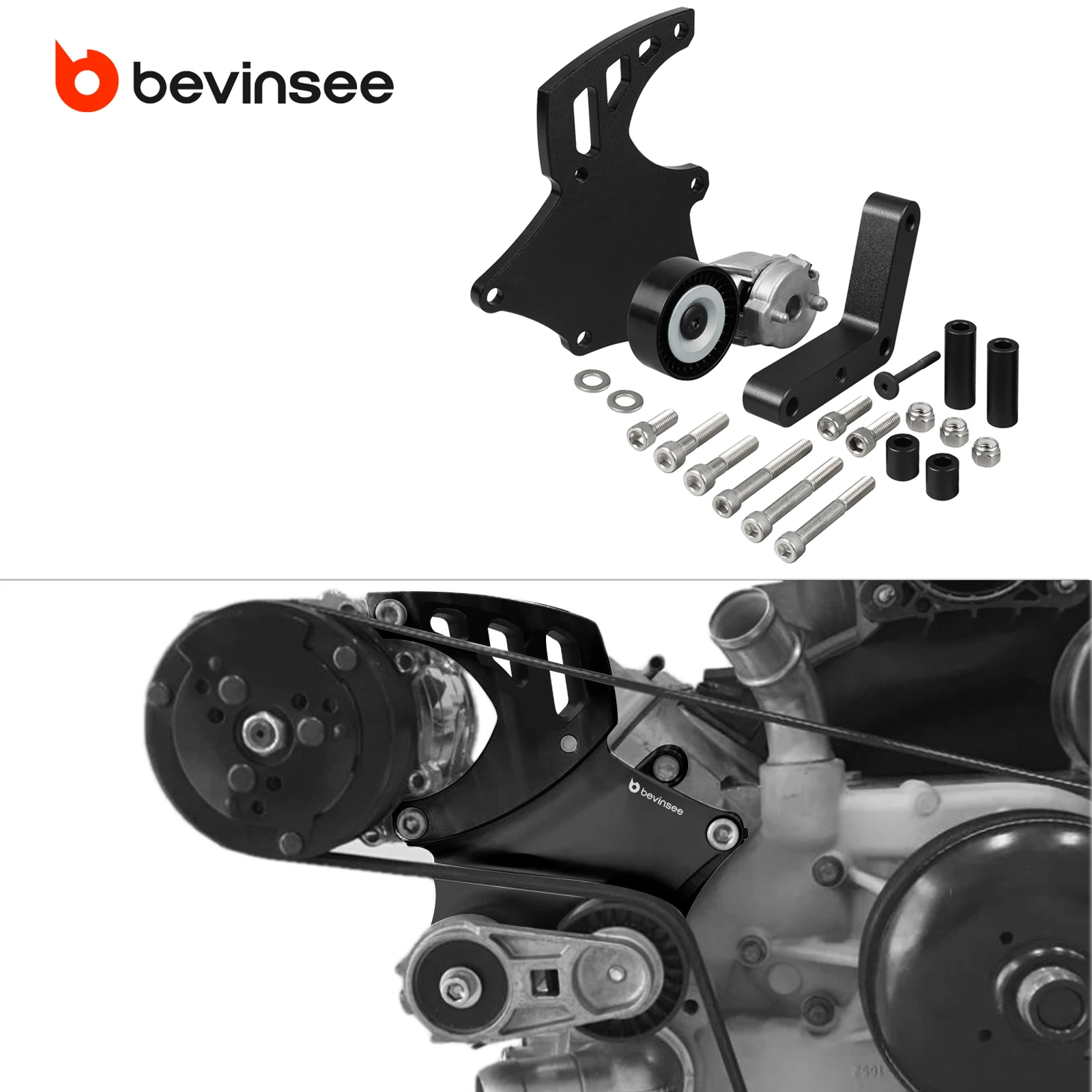 

BEVINSEE Aluminum A/C Compressor Bracket W/Tensioner Kit for Sanden 508, for Chevy for GMC for SUV/Truck Vortec Engines 99-13