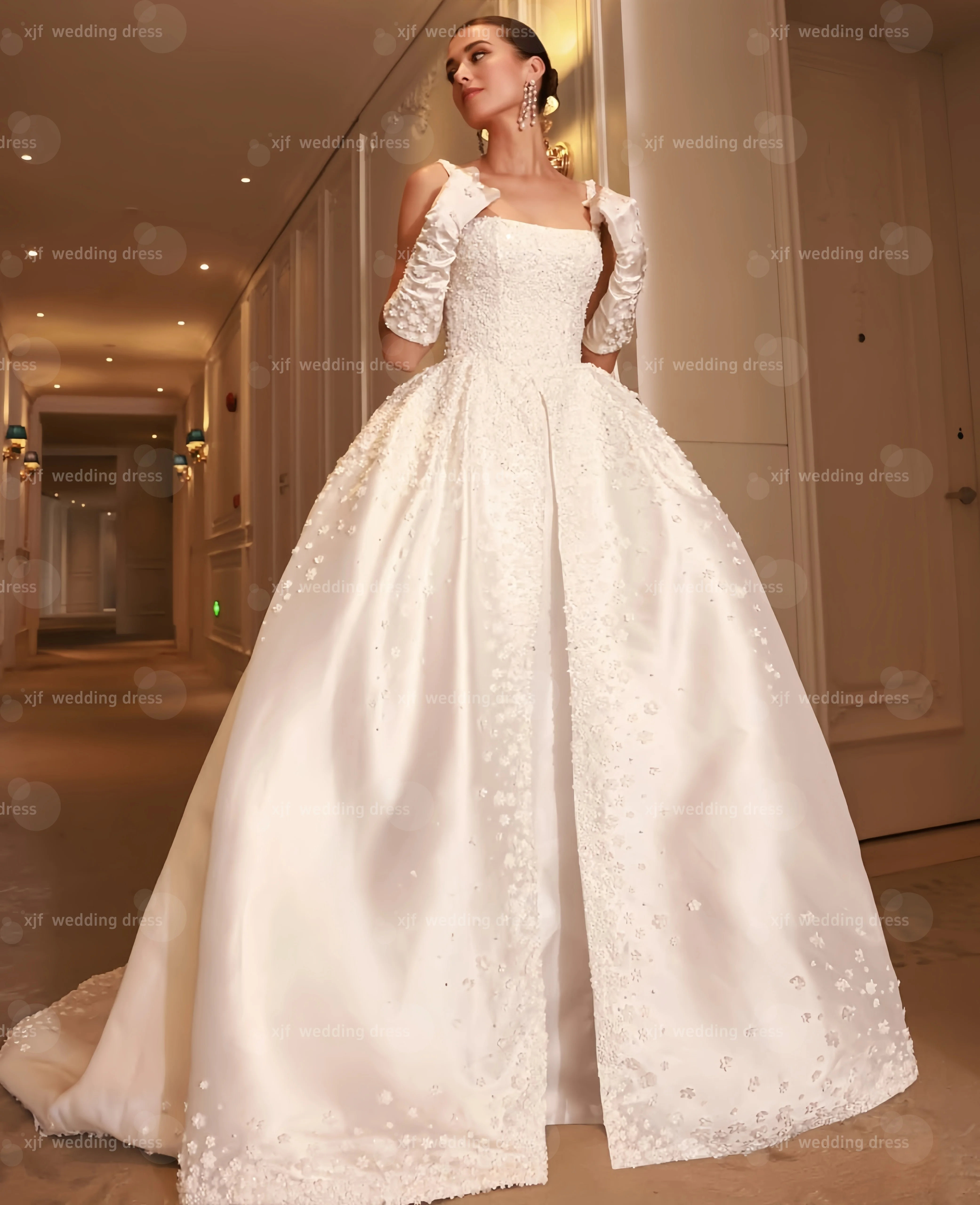 

Customzied square collar, thin shoulder strap, satin applique luxury wedding dress vestidos de novia amanda novias amanda novias