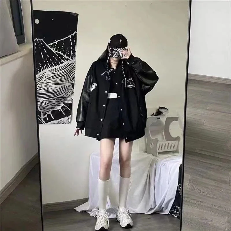 MEXZT Harajuku Black Coat Women Patchwork Bomber Jackets Bf Streetwear Korean Leather Print Oversized Casual Baseball Jacket