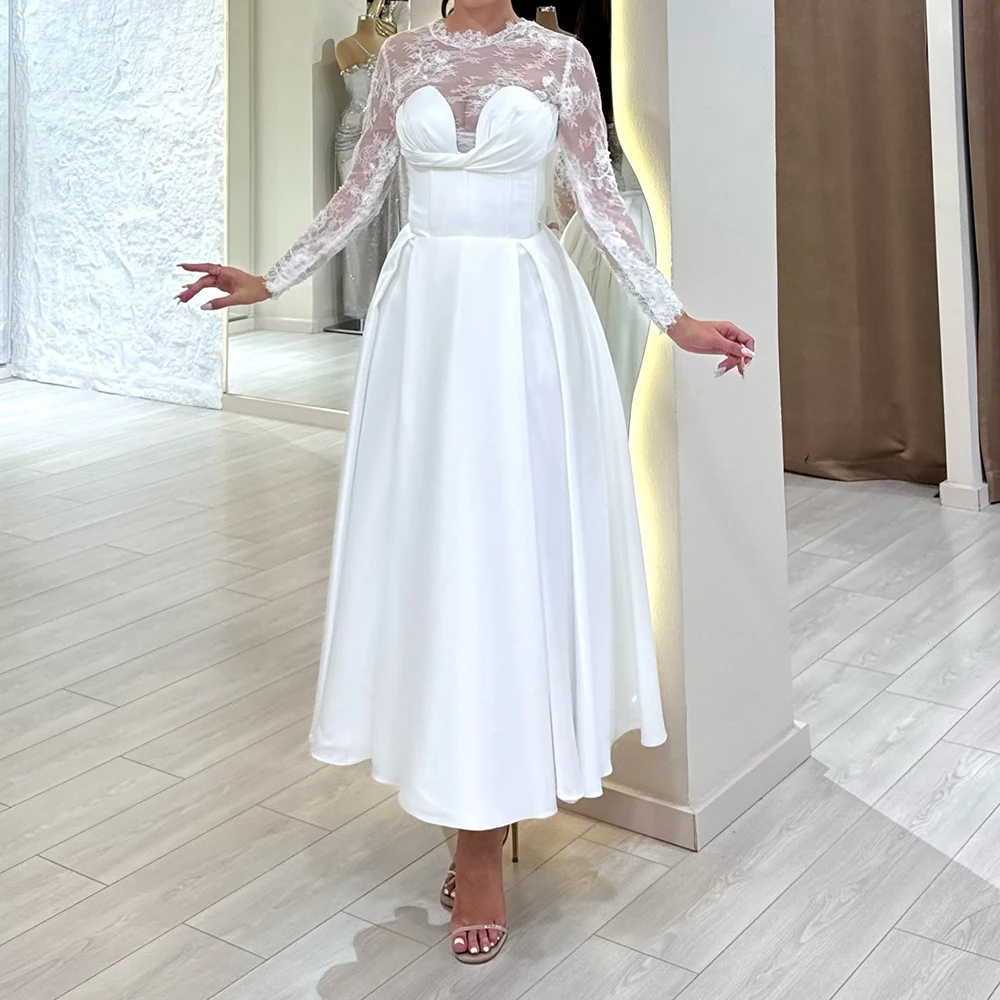 

Вечерние платья трапециевидной формы по индивидуальному заказу, длиной до чая, с круглым вырезом и длинными рукавами, платье для выпускного вечера, модное кружевное плиссированное вечернее платье с открытой спиной, простое драпированное вечернее платье