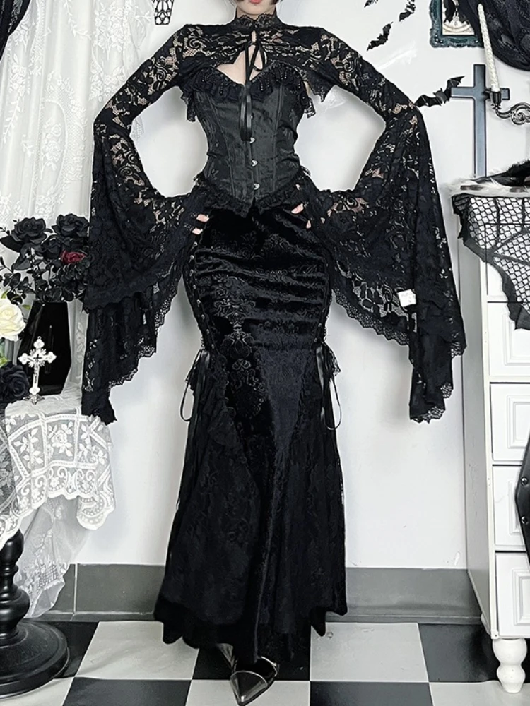 AltGoth Halloween Palace Style Gothic Smock Damen Vintage Sexy dunkle Spitze Durchsichtige Bluse mit ausgestellten Ärmeln Fee Grunge Kleidung