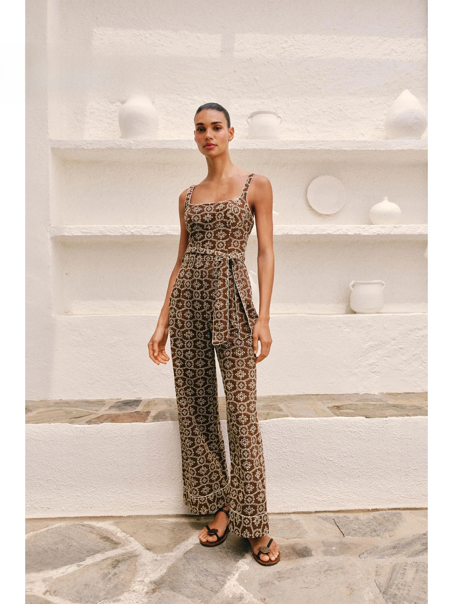 Summer 2026 American Retro Print Slim Strap Jumpsuit High Waist Wide Leg Long Pants Draping Effect Women's One-Piece Suit