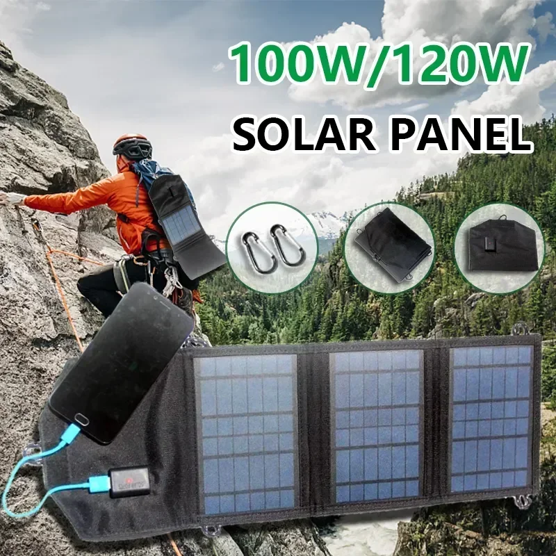 100W/120W Solar Panel Foldable 5V USB Sanding Board Anti-scratch Hooks for Bag Phone Safe Charge Outdoor Hiking Travel Portable