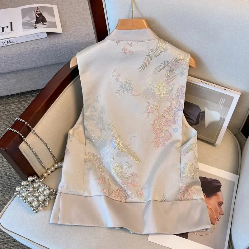 New Chinese Style Buckle Vest for Women 2025 New Spring Autumn Jacquard Sleeveless Jacket Tops Fashionable Vest Female Waistcoat