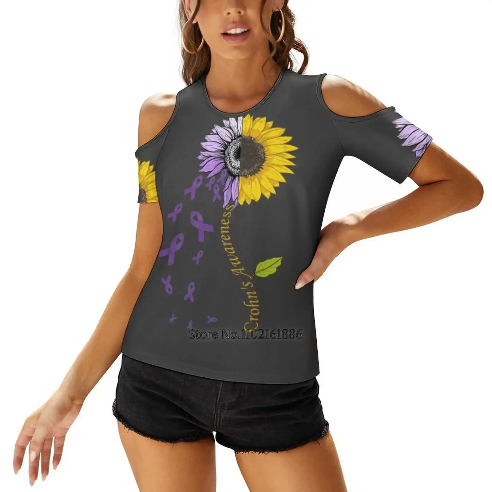 Crohn'S Awareness Sunflower Disease Women Print T-Shirt Summer Casual Tops Streetwear T Shirt Boho Ladies Top Crohns Awareness