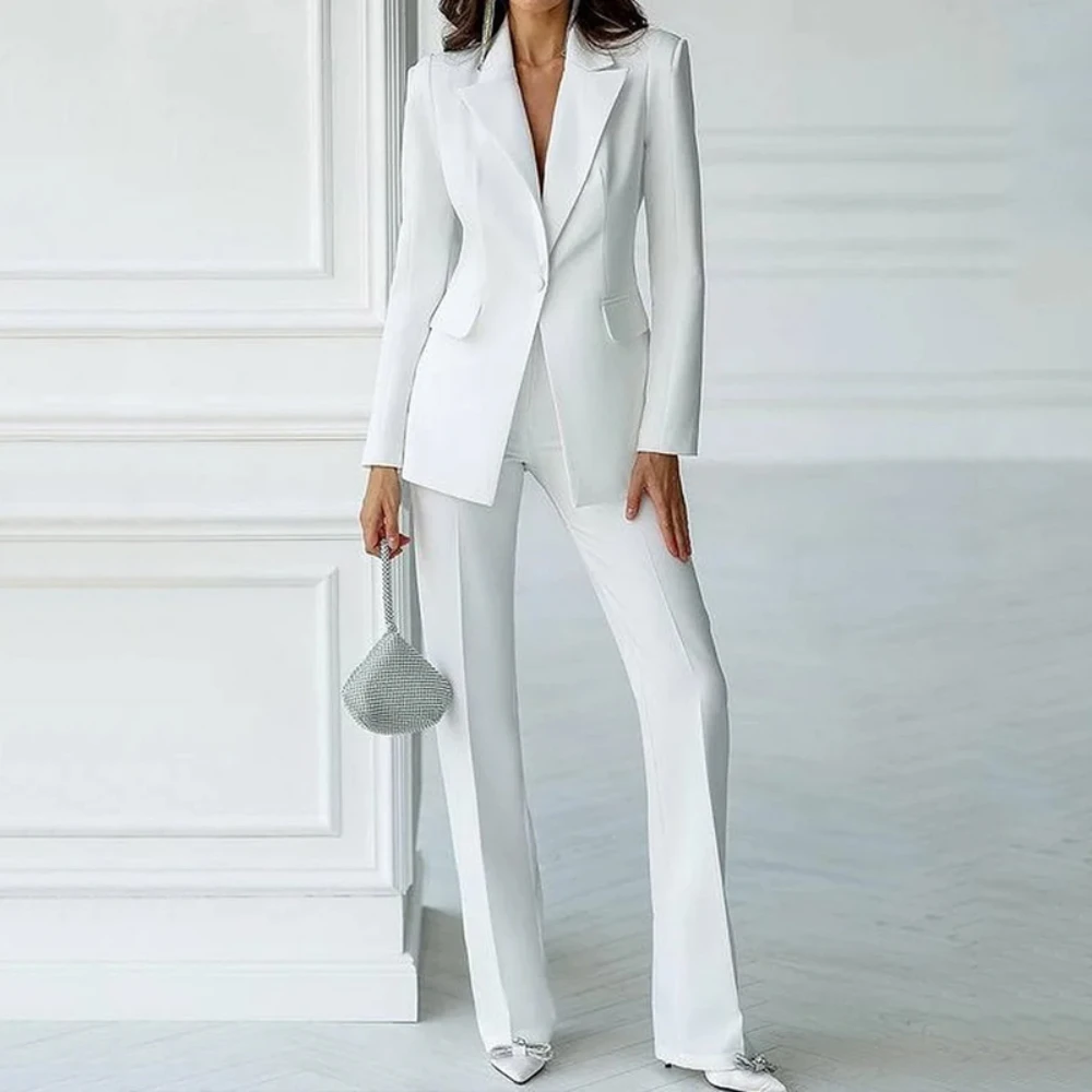 Elegant White Women Suits Fashion Solid Peak Lapel Long Sleeves One Button 2 Piece Fashion Chic Casual Office Lady Pants Sets