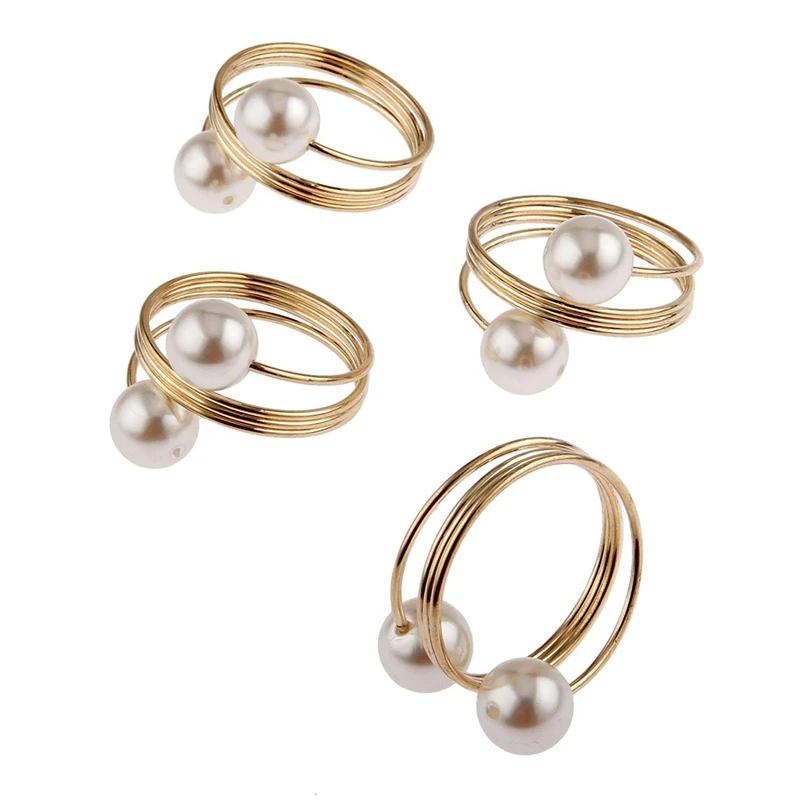 

12Pcs Pearl Napkin Buckle Hoop Napkin Rings Circle Serviette Holder For Wedding Hotel Supplies Table Decoration, Gold