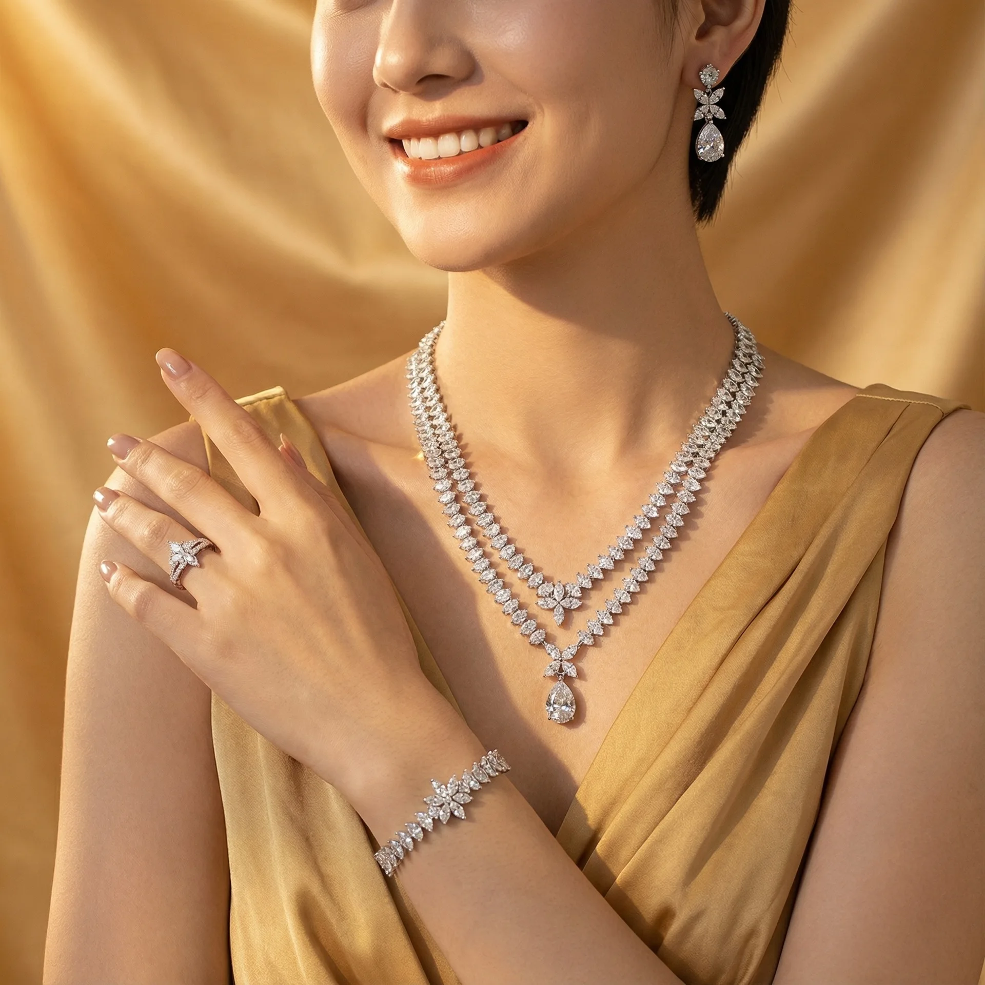 

4pcs Bridal Jewelry Sets For Women Zirconia Wedding Necklace Earring Bracelet Set Dubai Necklace Sets Evening Dress Jewelry Gift