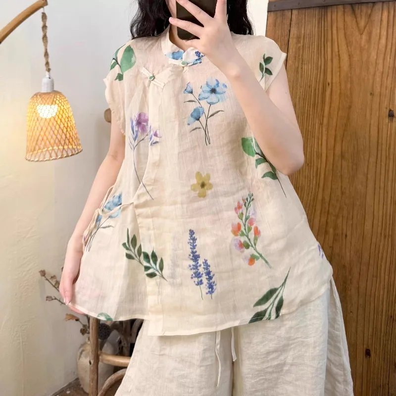 

New Chinese Style Women's Print Linen Shirt Comfortable Loose Fit Button up Cotton Summer 2025 Fashion Commute Wear Tops N961