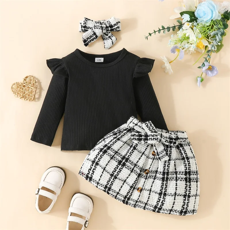 Toddler Baby Girl Outfits Fall Winter Clothes Ribbed Long Sleeve Tops Houndstooth Print Shorts Skirts Beret 3PCS Set