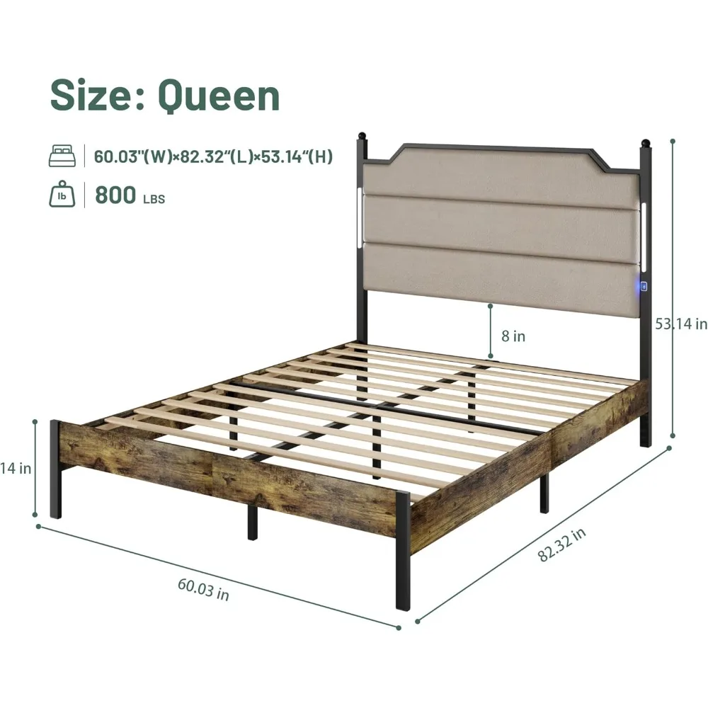 Queen Size Bed Frame with Underbed Storage, Simple and Atmospheric, Heavy Duty Sturdy Upholstered Metal Bed Frame