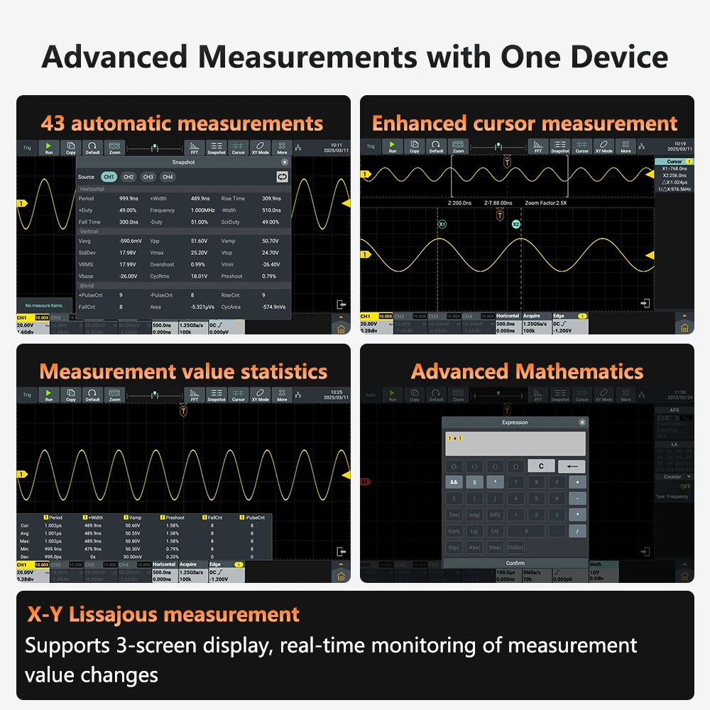 Owon ملتقط الذبذبات الرقمي ADS800A 2CH4CH 1.25Gs/s 500uV/div 12 بت عالية الدقة راسم الذبذبات الفلورسنت القابل للمس LIN فك