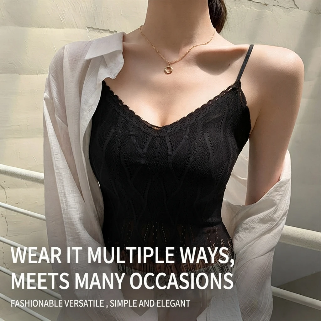 Women Lace Fringe Tank Top with Chest Pad Nylon Slim Fit Short Summer Sweet Fresh Camisole Vest