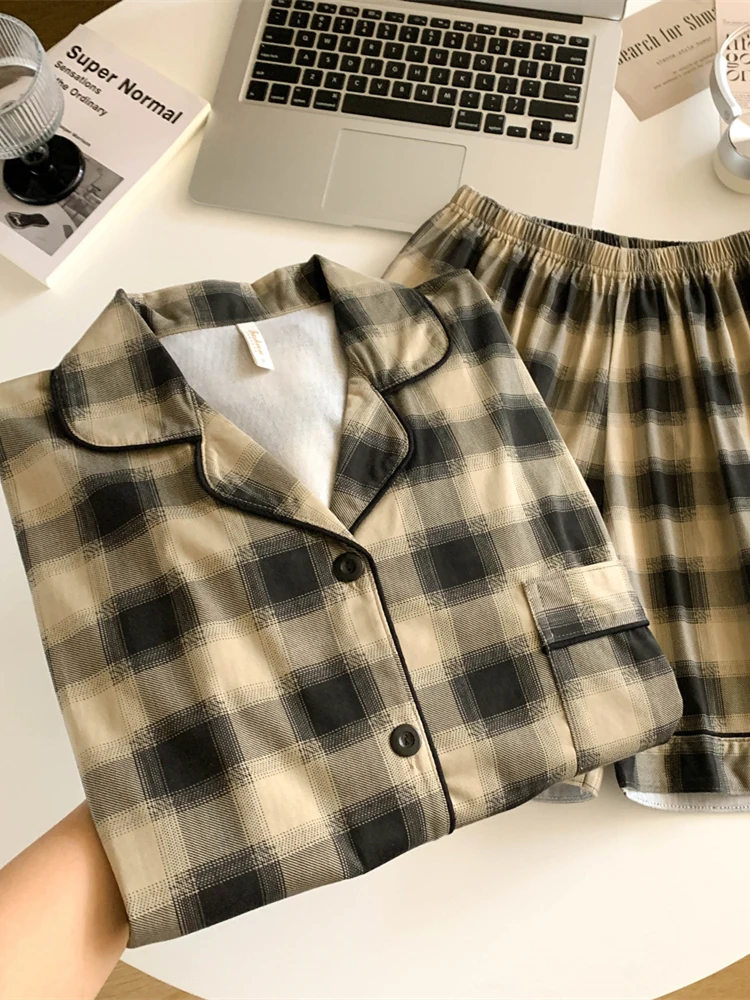 

Summer New Plaid Sleepwear Women's Loose Short Sleeve Short Pants Open Cardigan Thin Home Clothes Two-Piece Set Simple Style