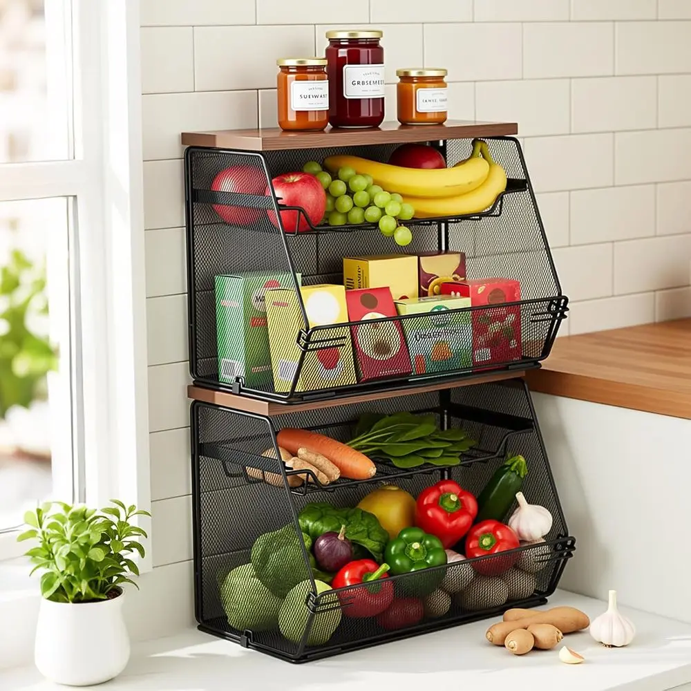 

Stackable Kitchen Fruit Basket with Lid, Drawer Mesh Wall Hanging, Metal Vegetable Storage Container, 13.8x8.3x9.8, Black