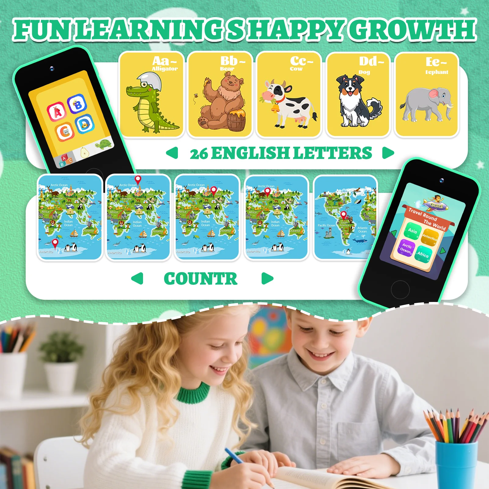 Téléphones jouets pour enfants avec double caméra, jouets d'apprentissage, cadeaux pour enfants de 4 ans, jeux de puzzle éducatifs, écran tactile 2.8 pouces, cadeau