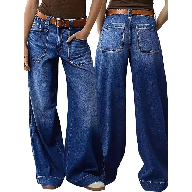 CYL-بنطلون جينز نسائي واسع ومستقيم الساق متوسط الارتفاع وجيب فضفاض بدون حزام #1