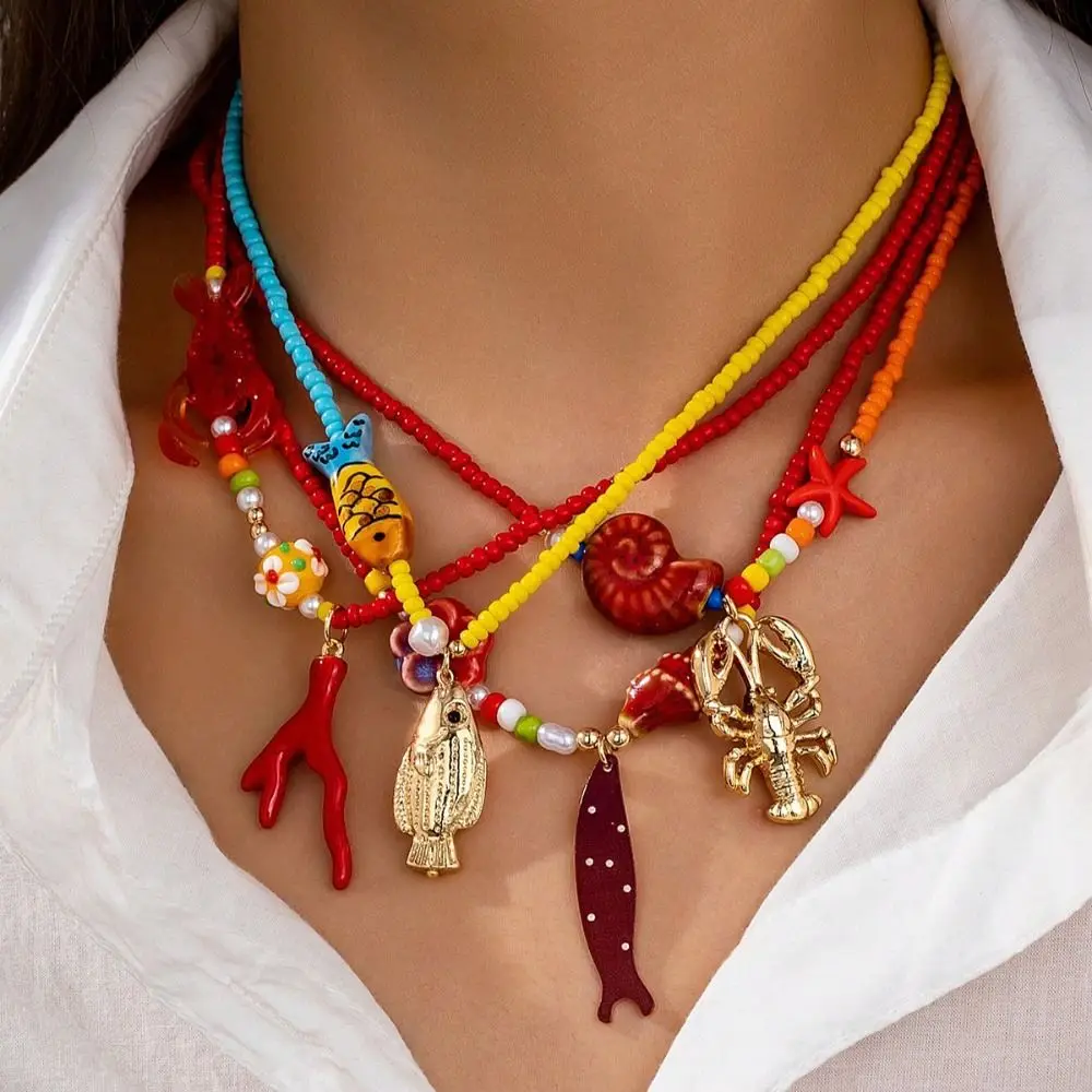 

Personality Conch Fish Pendant Necklace Ethnic Style Coral Lobster Nylon Rope Necklace Marine Organism Charms