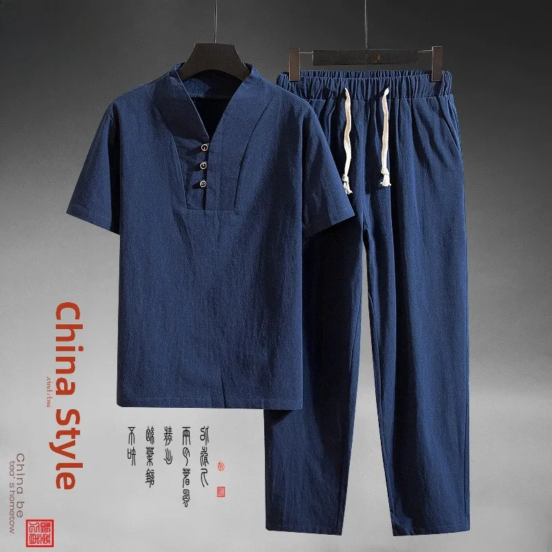 

Men's Cotton Linen Short Sleeve T-Shirt Set Traditional Chinese Hanfu Style Summer Fashion Casual Comfortable Breathable