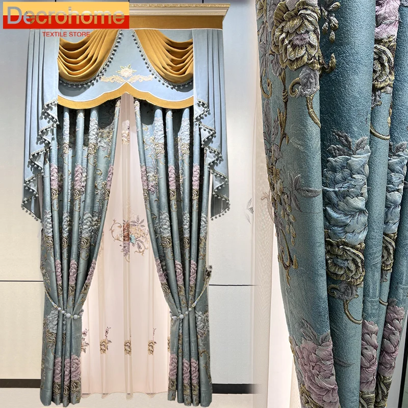 Blue High-grade Embroidered Window Screen Embossed Chenille Jacquard Curtains for Living Room Bedroom French Window Villa