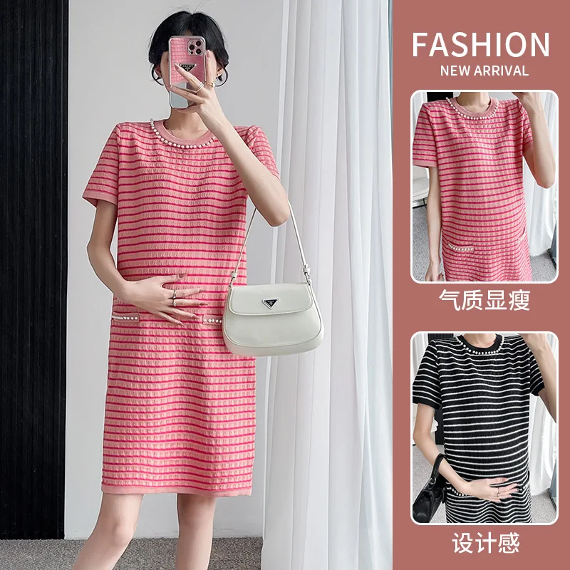 

2025 Summer Maternity Dress Inspired Icy Silk Blend Slimming Mid Length Shift Dress for Petite Expecting Moms