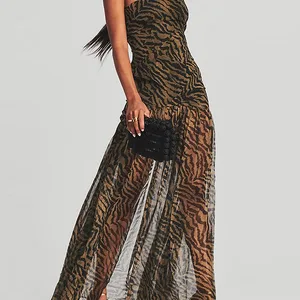 Feines weibliches Kleid ohne hohe Schlitzbänder für Röhre, Patchwork -Rückenlehne, tropischer Leopardendruck, langes Nachtkleid 6 Hauptverkaufskleid Long Hawaiian Party - №1