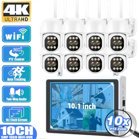 8MP 듀얼 렌즈 PTZ 보안 시스템 | 10.1인치 LCD 모니터 + 10CH WiFi NVR | 10배 줌 카메라 | 무선 홈 감시 키트
