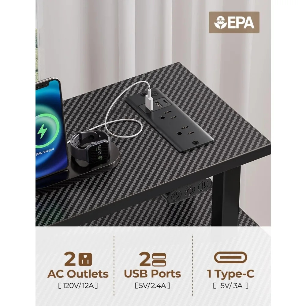 مكتب كمبيوتر مزود بمنافذ طاقة وإضاءة LED، مكتب منزلي مقاس 47 بوصة مع 3 أدراج وأرفف تخزين، - تصميم مبتكر