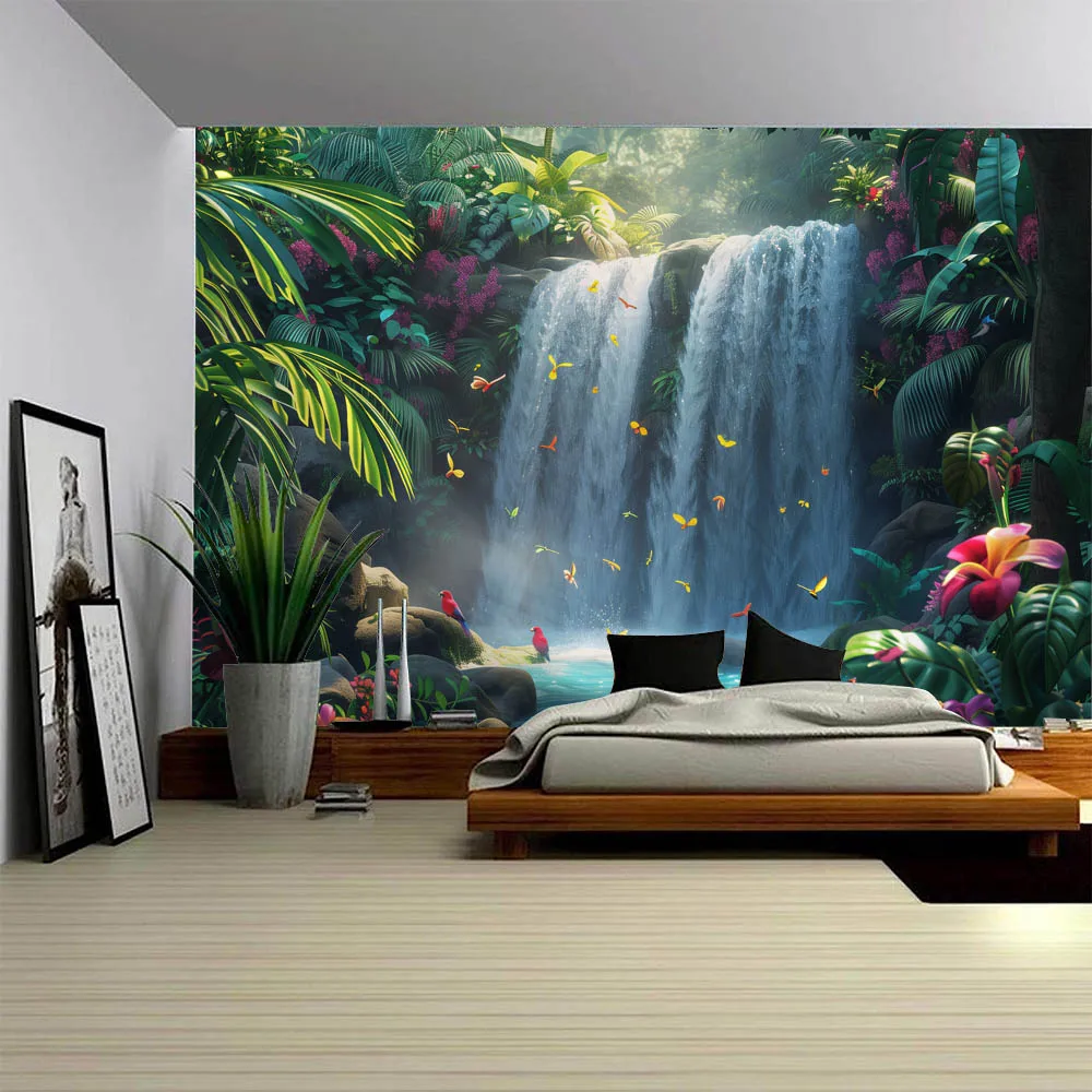 

Green Jungle Flower Bird Waterfall Tapestry Treatment Natural Landscape Bedroom Living Room Wall Hanging Homestay Decoration
