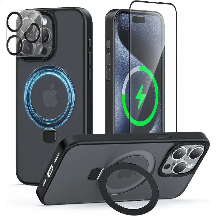 

Meefad Magnetic for iPhone 15 Pro Case Compatible with MagSafe 2 Screen Protector + 2 Camera Lens Protector Translucent Matte P