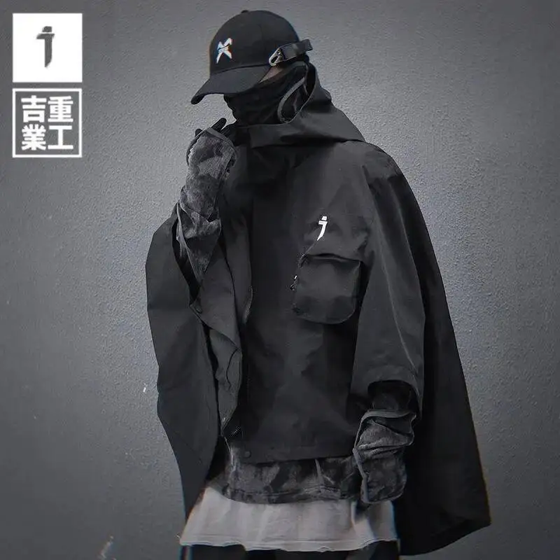 

2026 Spring Uinsex Punk Cargo Jacket Men's Functional Cargo Cape Women Loose Casual Windbreaker Trench Hooded Jacket Outerwear