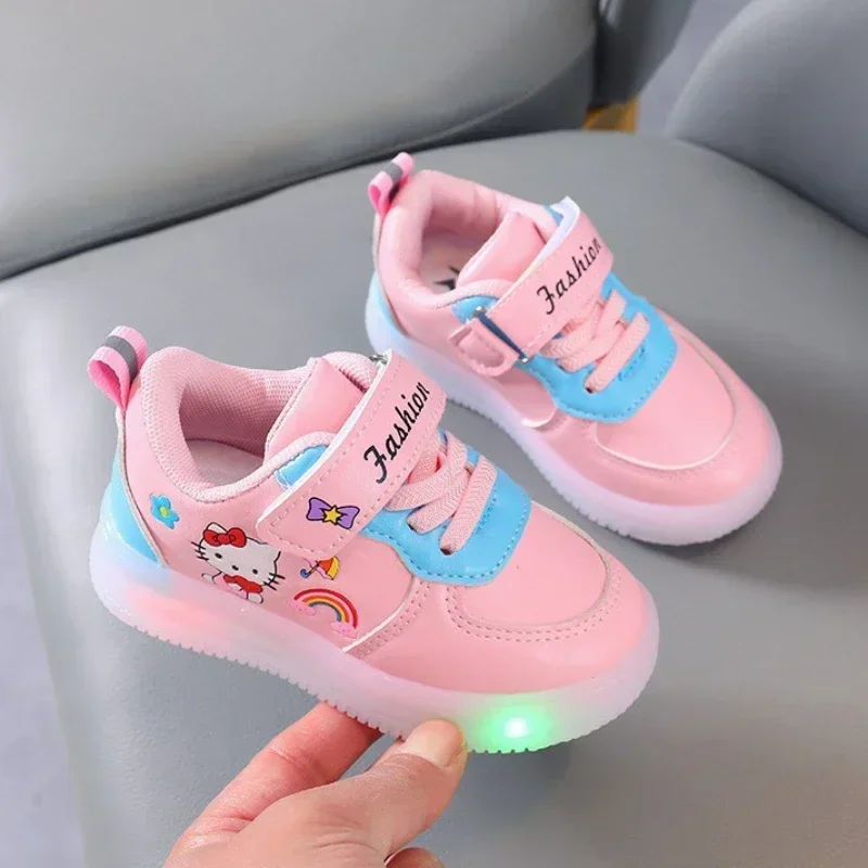 Spring Autumn Baby Girls Hello Kitty Led Light Shoes Children\'s Sneakers Toddler Anti-slip Walking Shoes Girls Outdoor Shoes