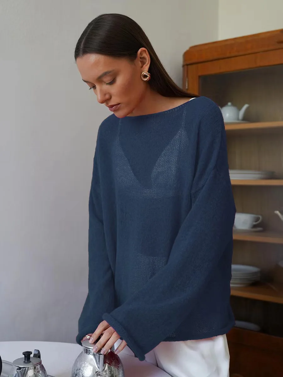 Elegant Vacation Style Crochet Knit Top Women New Sheer Loose Fit Long Sleeve Soft Breathable Chic Resort Wear Blouse