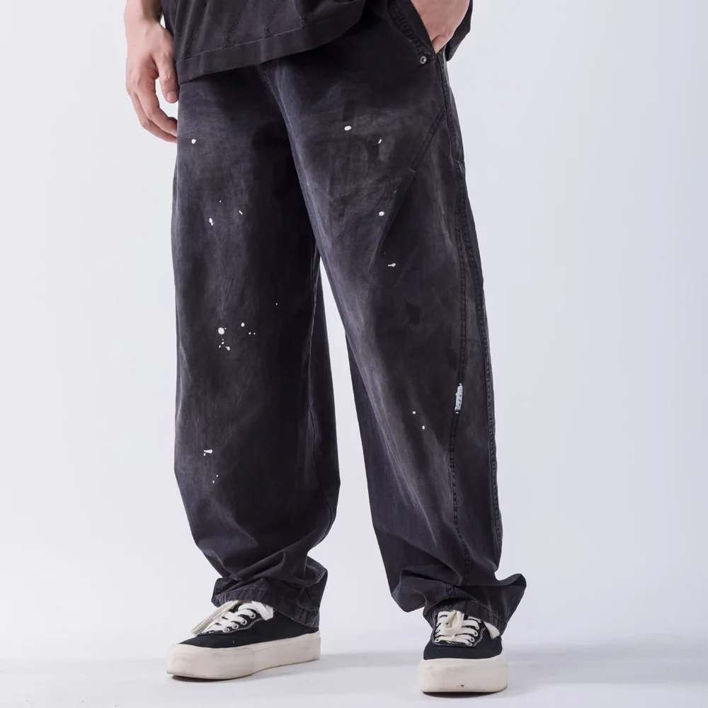 

100% Cotton Vintage Elastic Waist Distressed Splatter-paint Retro Long Pants Casual Curved Machete Pants Wide Leg Work Pants