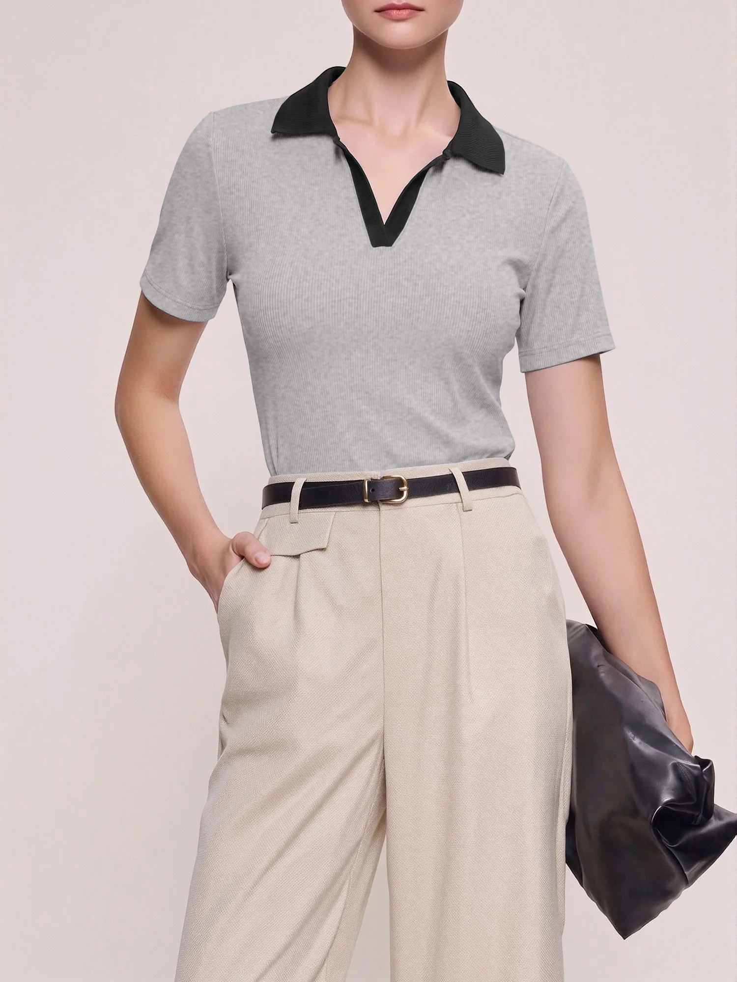 High Elastic Women Casual Top Short Sleeve Ribbed Polo Tee Color Contrast Collar V‑Neck Slim Knit Tee Soft Summer Outfits