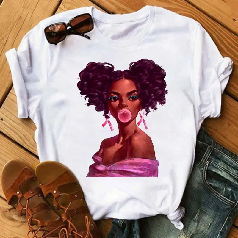 Plus Size Maycaur Women Beautiful African White Funny Print T Shirt Girl Black Queen Harajuku Kawaii 90s Short Sleeves Clothes