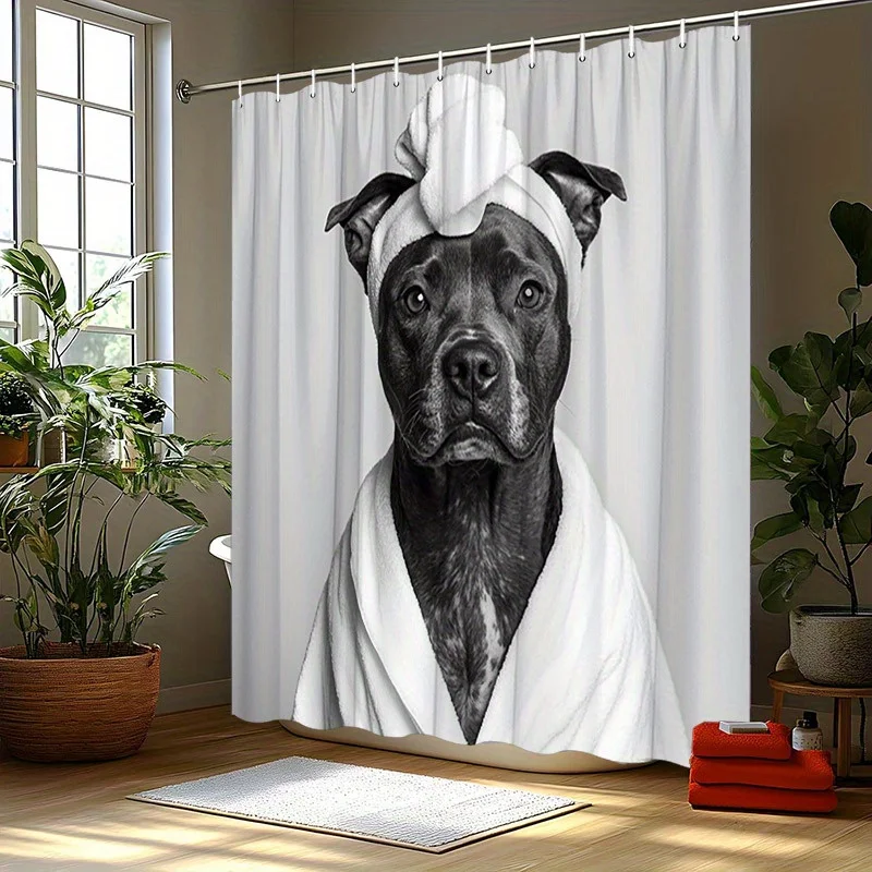 Cortina de ducha Albornoz Pitbull: diseño de perro blanco y negro, incluye turbante y bata, poliéster, 70,8x70,8 pulgadas, lavable