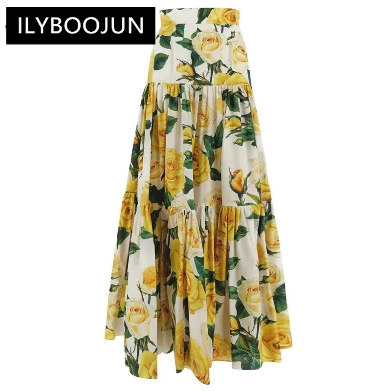 

100% Cotton Skirt High Waiste Yellow Rose Floral Print Elegant Party Long Dresses For Women 2024 Luxury Brand