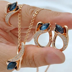 Kinel Hot Shiny Blue Natural Zircon Jewelry Sets for Women Fashion 585 Rose Gold Color Ring Earrings Necklace Daily Fine Jewelry