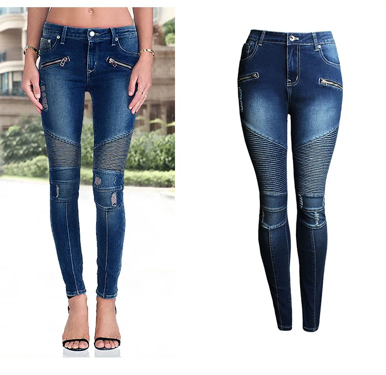 Women's Denim Pencil Pants with Holes Slim Fit Elastic Slim Waist Motorcycle Style